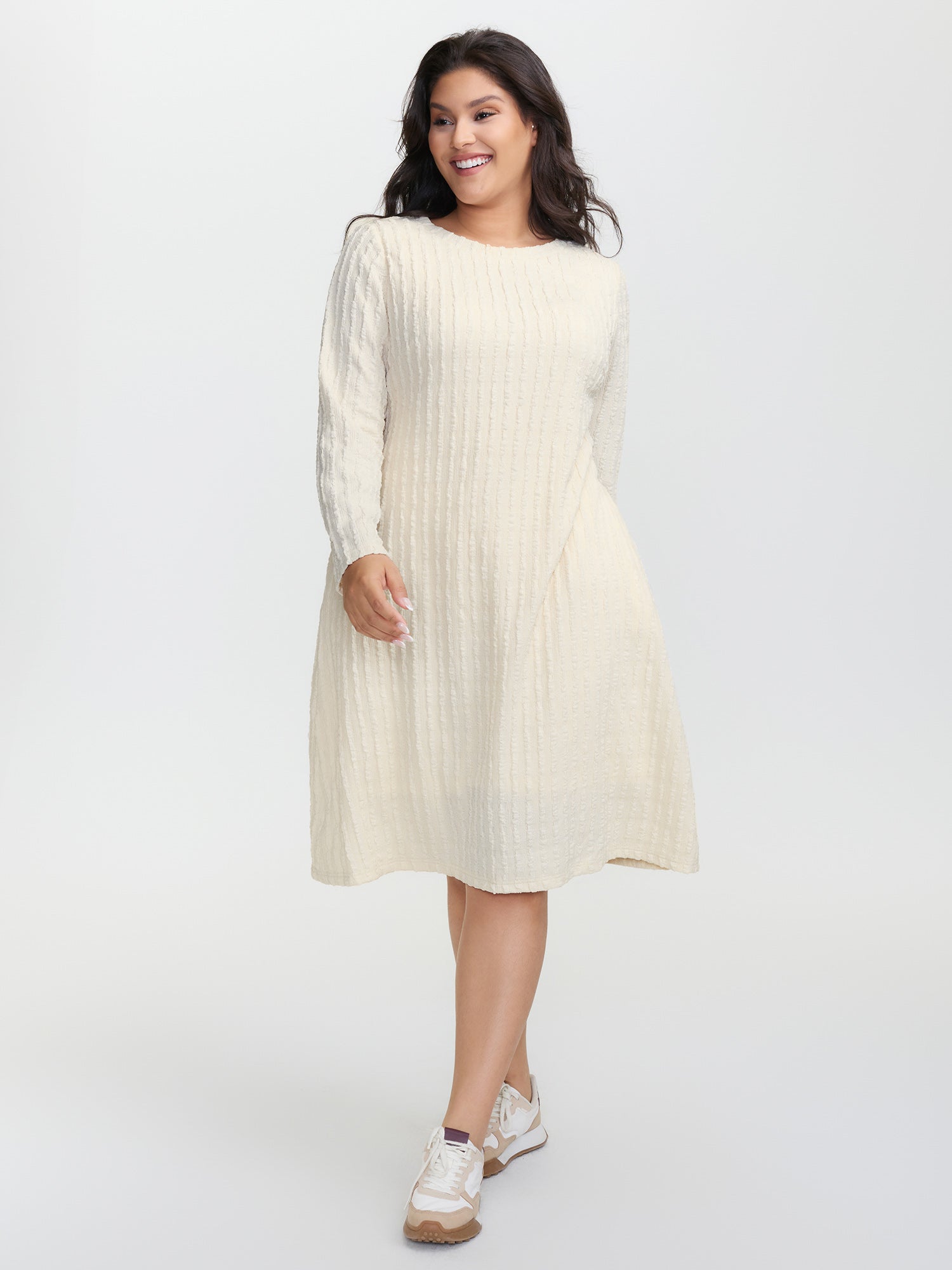 Textured Waist-Tie Stretchy Midi Dress