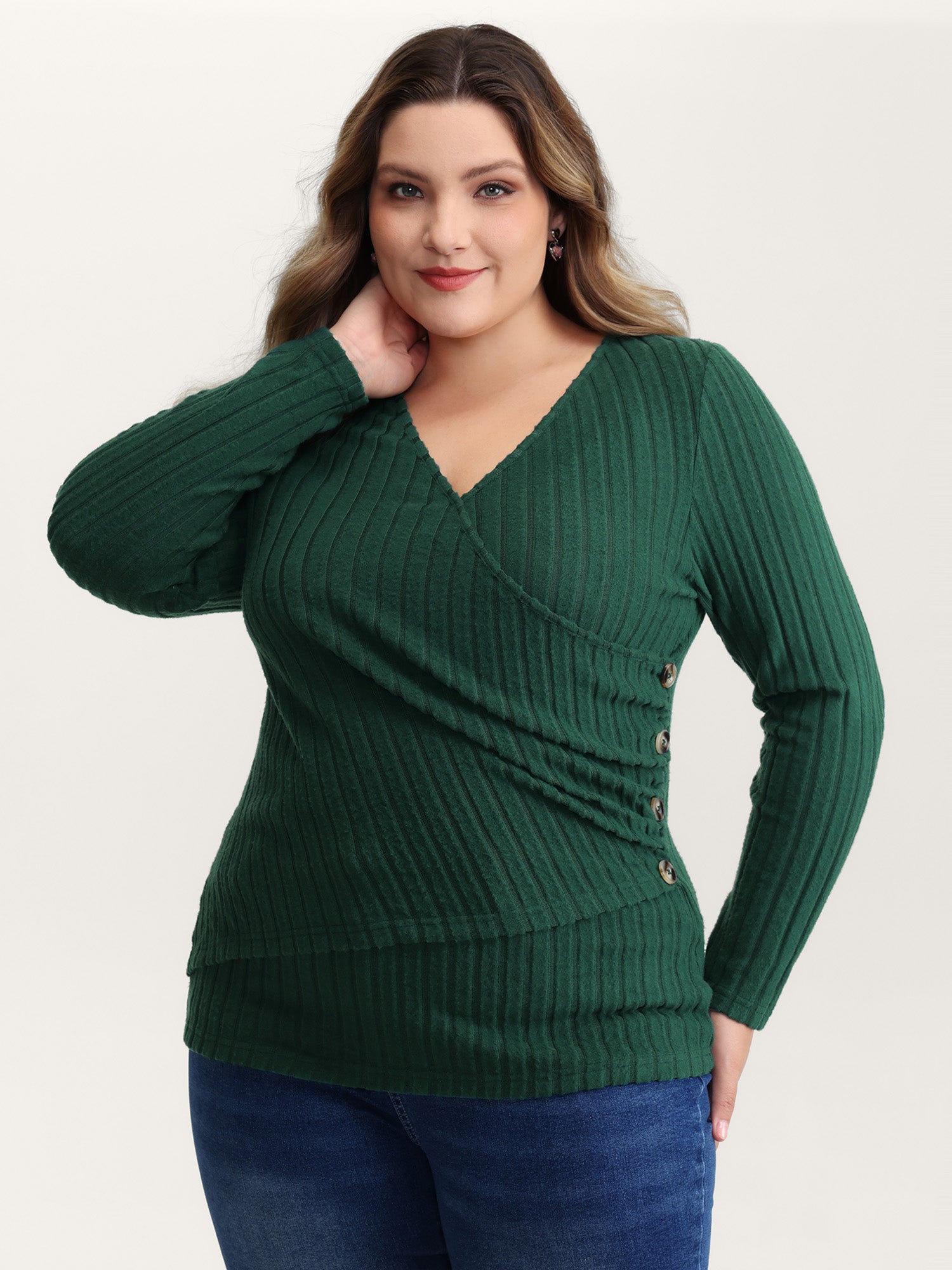 Textured Wrap Button Detail Knit Top