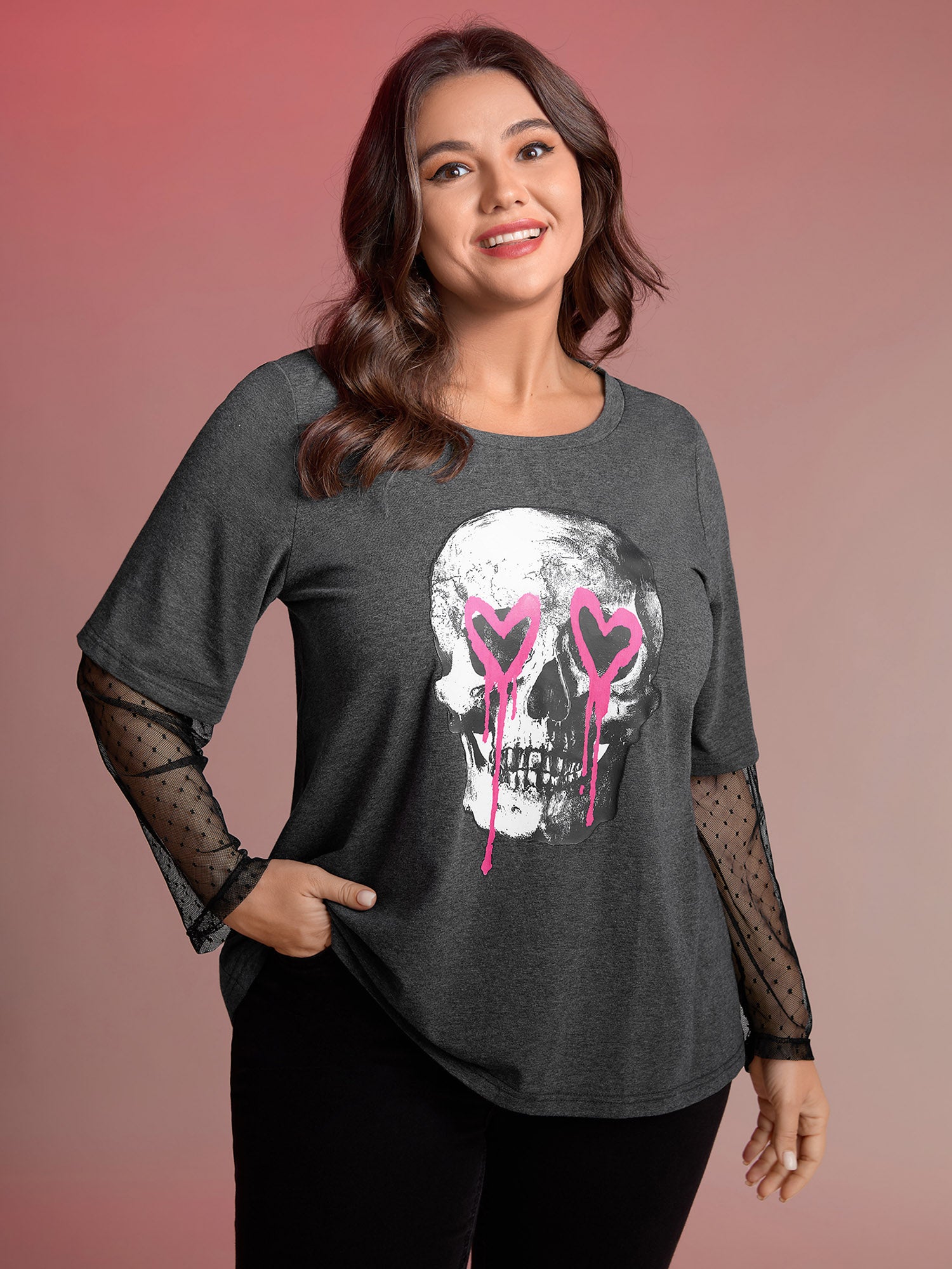 Love Skull Partial Sheer Sleeve T-Shirt