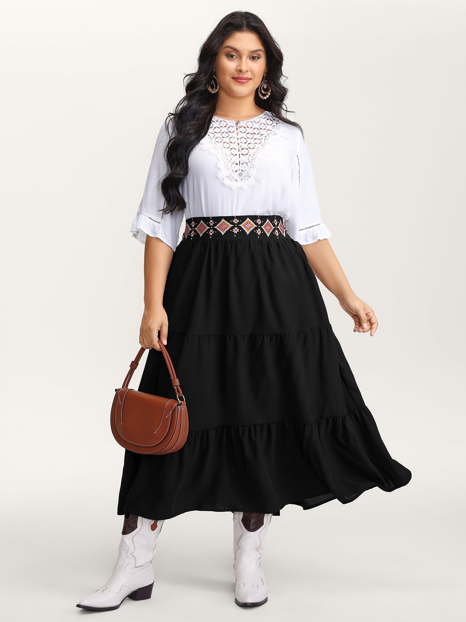 Boho Embroidered Wide Waistband Tiered Maxi Skirt