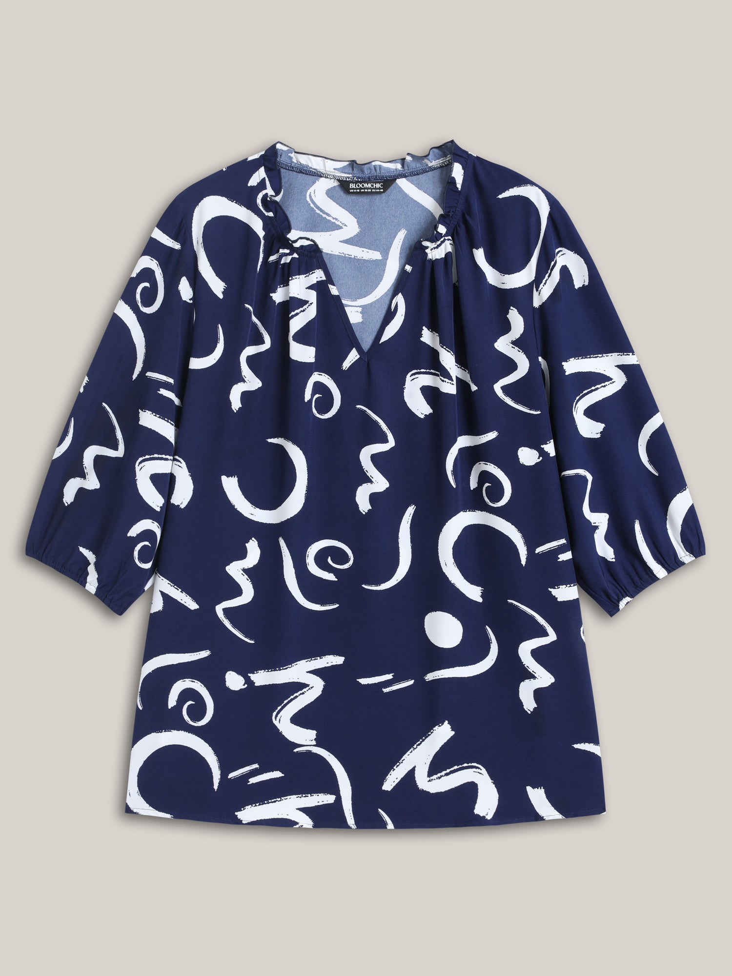 Scribble Print Ruffled Split Neck Blouse