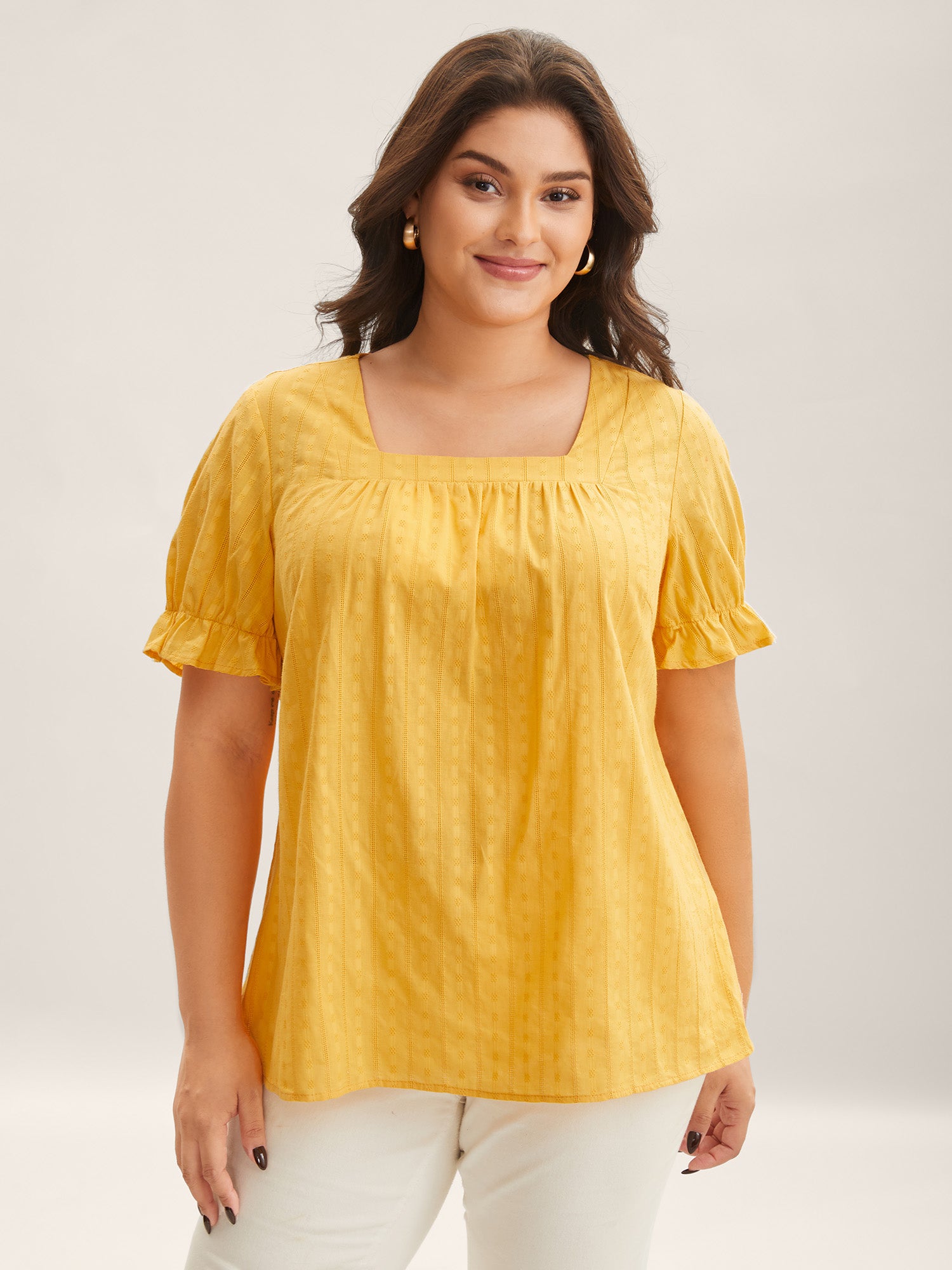 Cotton Square Neck Ruffled Sleeve Shirt
