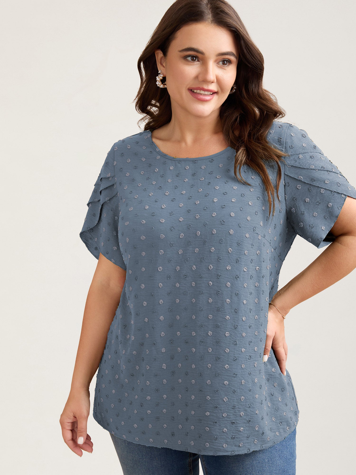 Textured Color Contrast Petal Sleeve Blouse