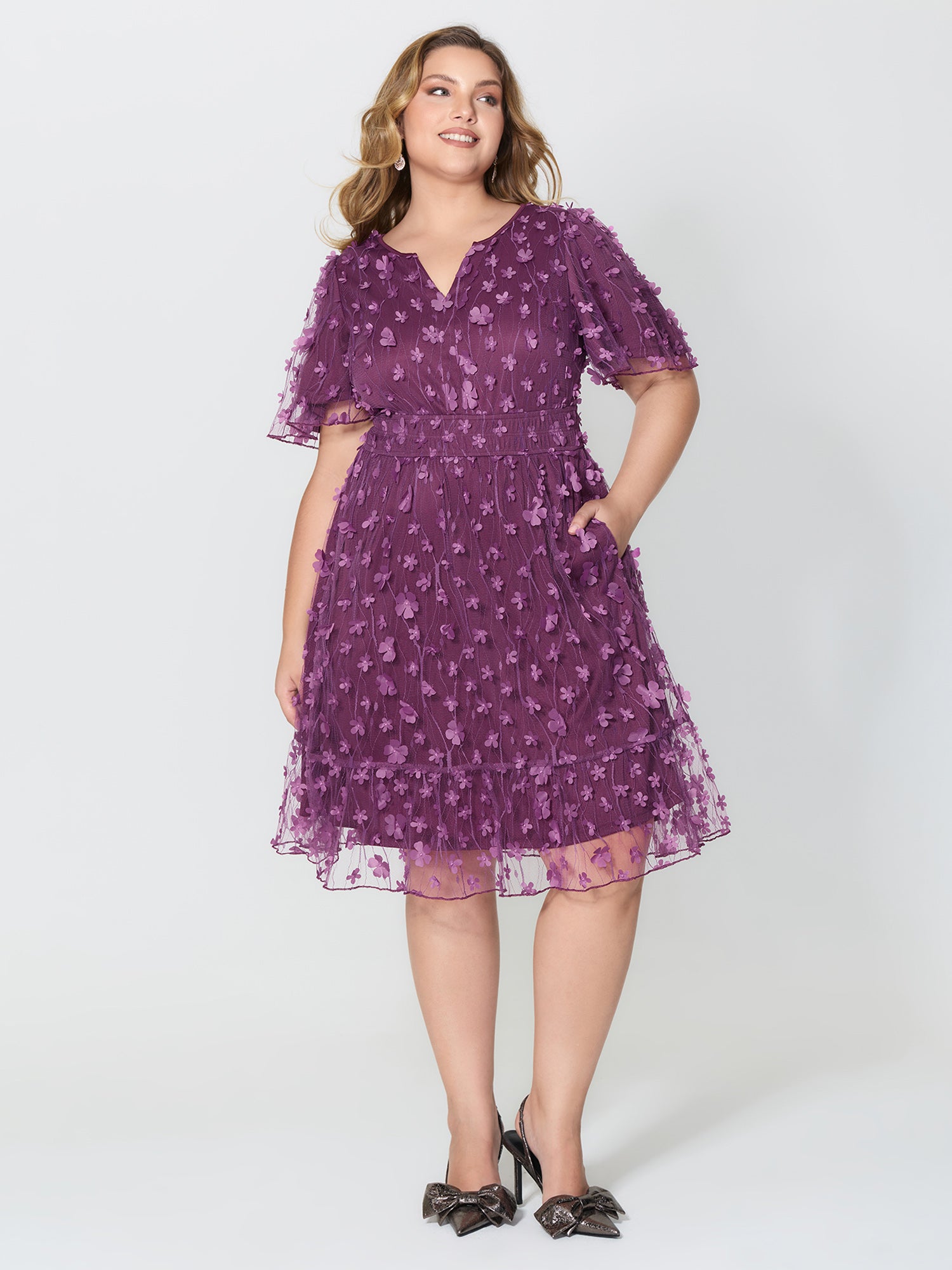 3D Floral Mesh Notched Neckline Midi Dress