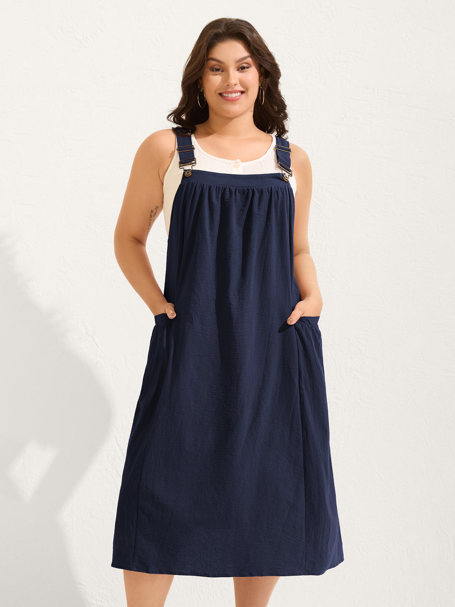 Pure Cotton Pleated Pockets Midi Dress