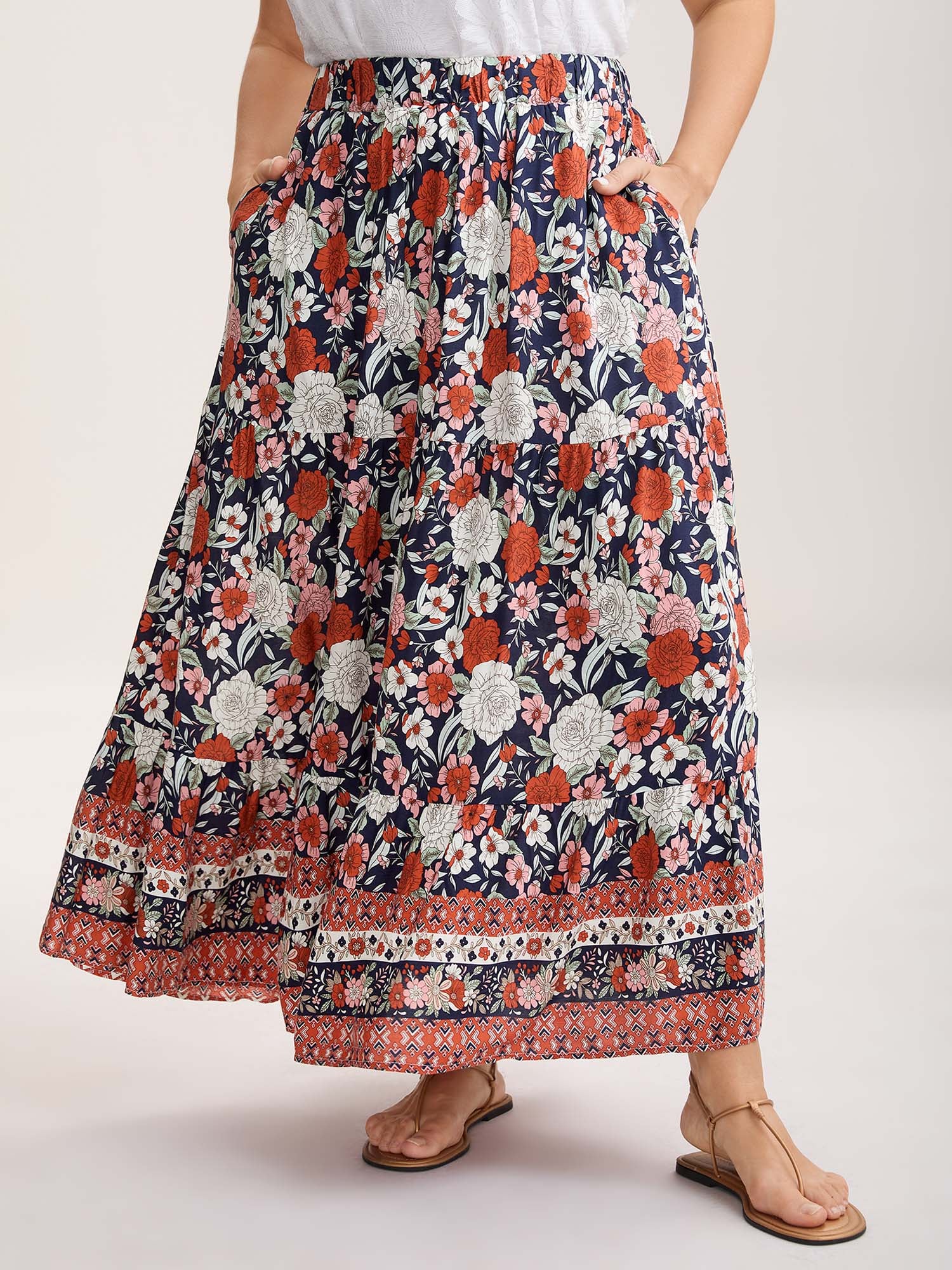 Rayon Breezy Floral Print Tiered Back Maxi Skirt
