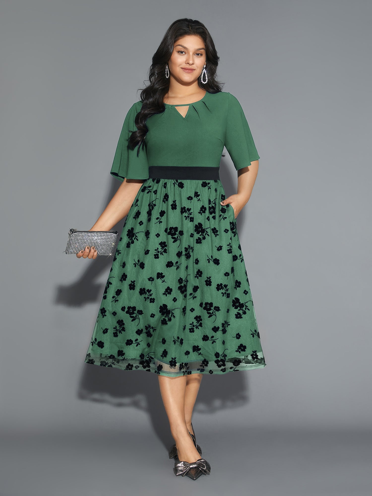 Floral Embroidered Mesh keyhole Dress