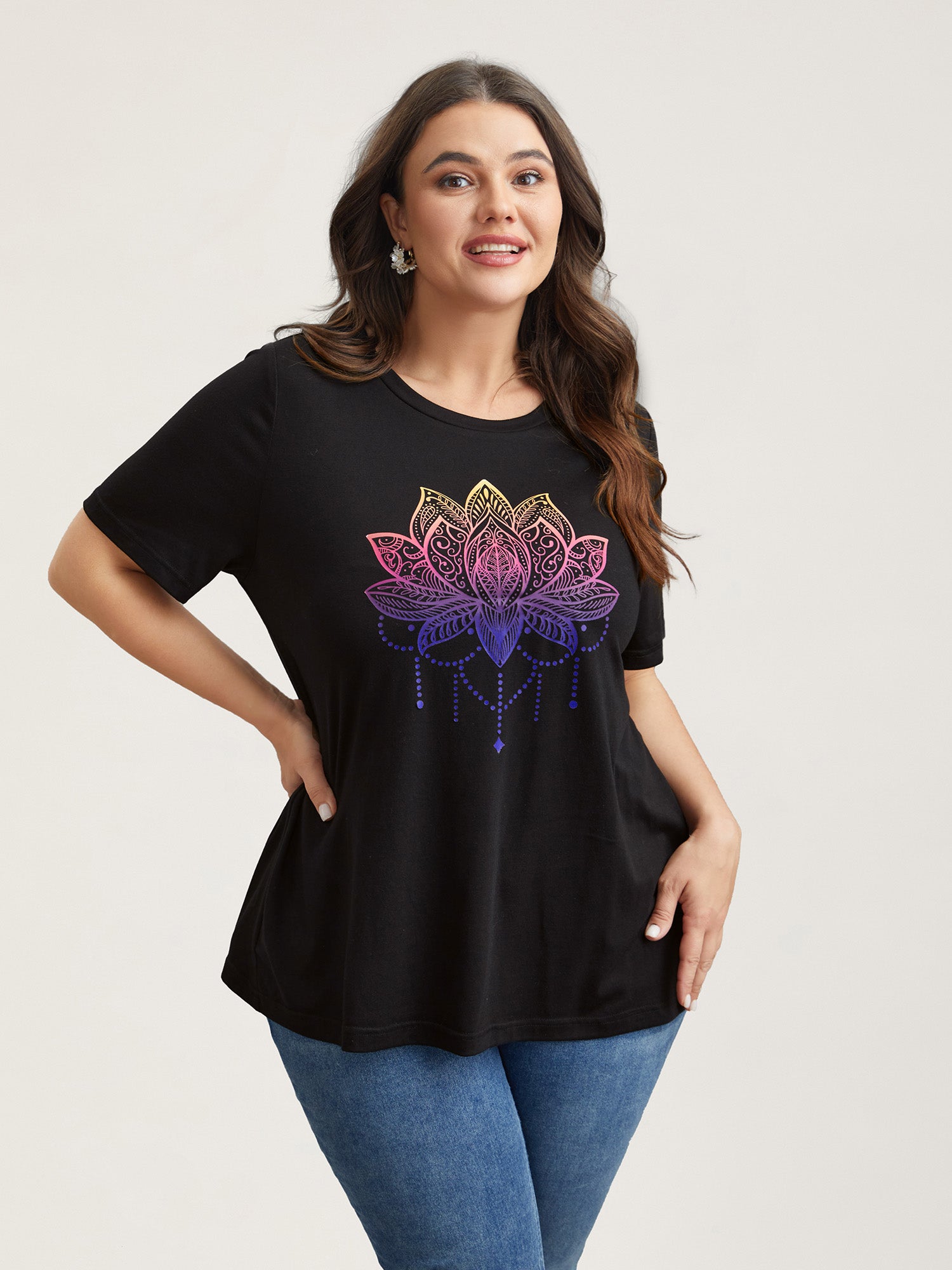 Floral Motif Crew Neck Fitted T-Shirt