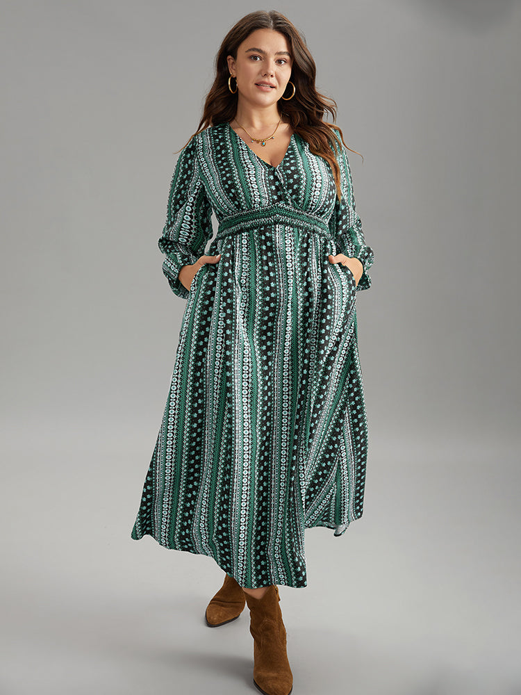 Bandana Print Wrap Shirred Dress